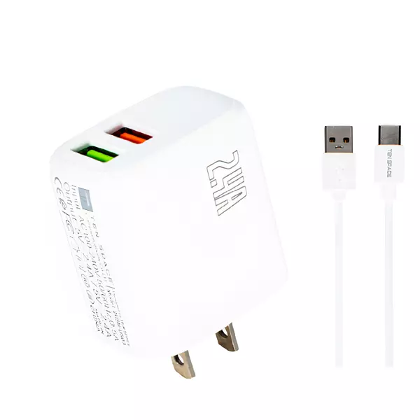 Cargador Usb 2.4 Amp Doble Puerto + Cable Usb A Tipo C