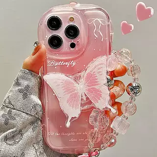 Case Mariposa Rosado Popsocket + Strap Iphone 13 Pro+