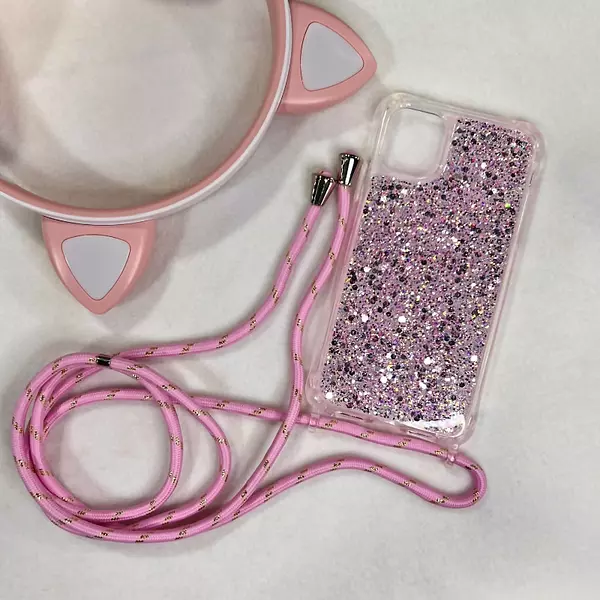 Case Lujo Brillante Con Strap Rosado Iphone 14