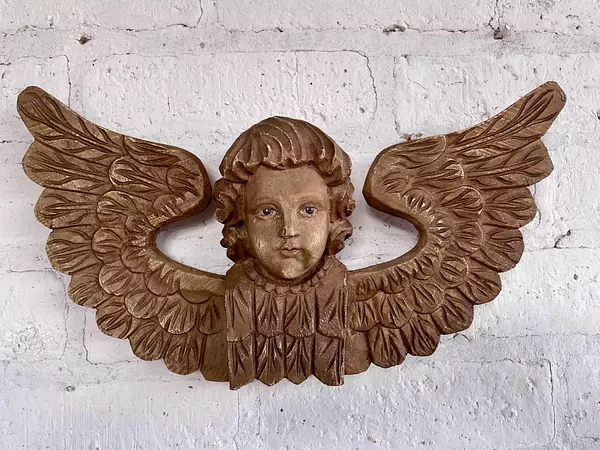 Angel Tallado En Madera Y Ojos De Cristal - España 1890