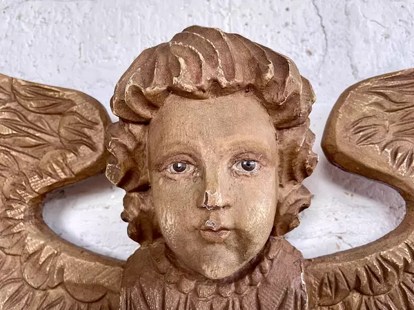 Angel Tallado En Madera Y Ojos De Cristal - España 1890