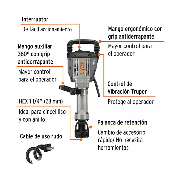 Martillo Demoledor Hex 20 Kg, 55j, 1600w, Truper Expert