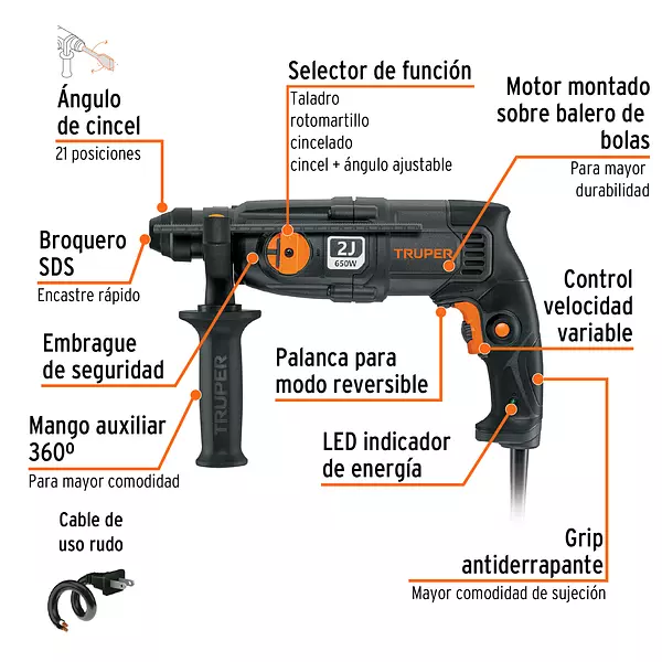 Rotomartillo Sds Plus 2 Joules, 650w, Truper Industrial