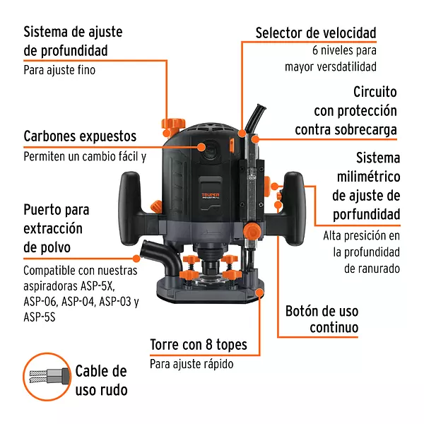 Router 1,200w, 1-3/4 Hp, Truper Industrial