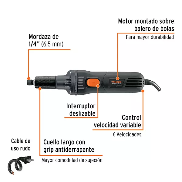 Esmeril Recto (Rectificador) 1/4" 600w, Truper Industrial