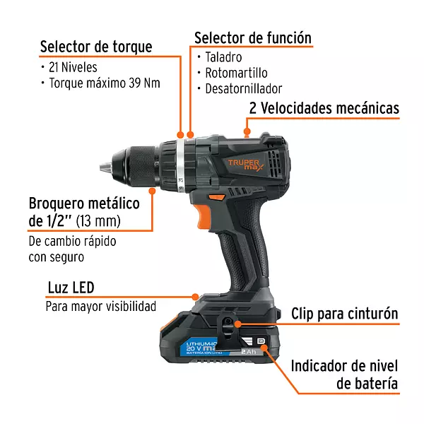 Rotomartillo Inalámbrico 1/2", 20v, Sin Carbones, Truper Max