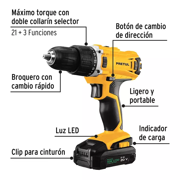 Taladro Inalámbrico 1/2", 20v, Pretul