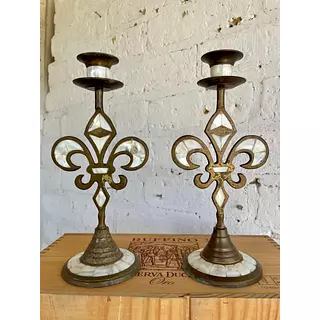 Candelabros Flor De Lis En Bronce Y Nácar - India 1970