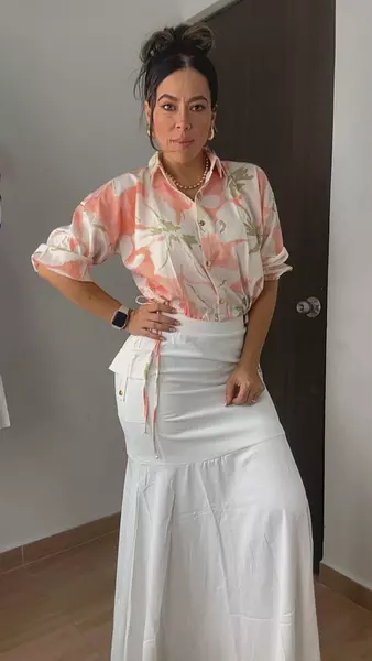 Set Blusa Floral Y Falda Larga Coral