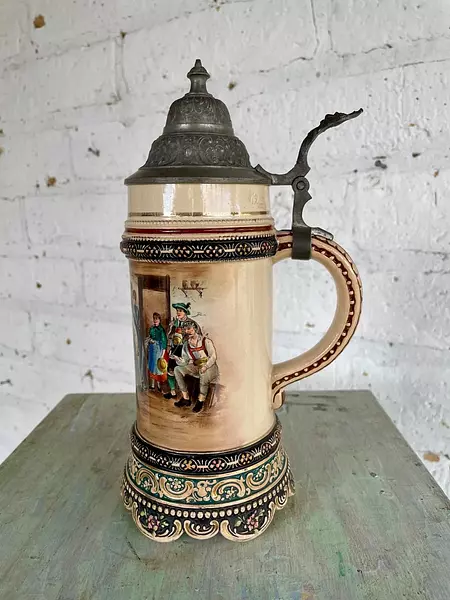 Jarro Cervecero Asa Y Tapa - Alemania 1900 Capacidad 600 Ml.