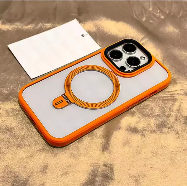 Case Transparente Magsafe Soporte Borde Naranja Iphone16pro+