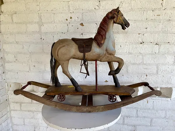 Caballo Balancín Tallado Madera Con Ruedas - Inglaterra 1900