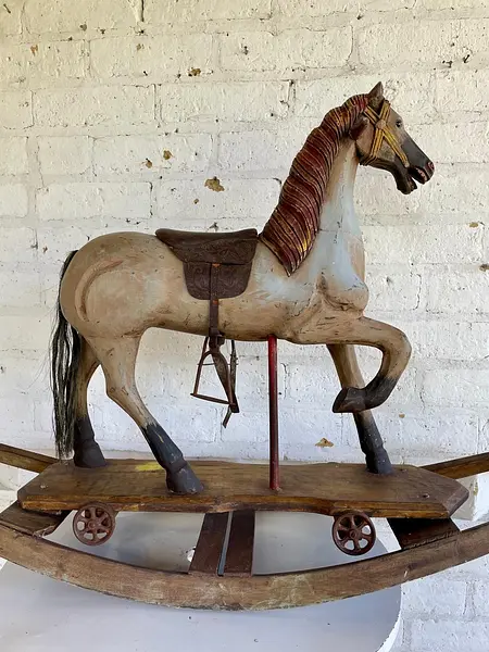 Caballo Balancín Tallado Madera Con Ruedas - Inglaterra 1900