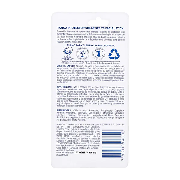 Bloqueador Tanga Spf 70 Barra Facial