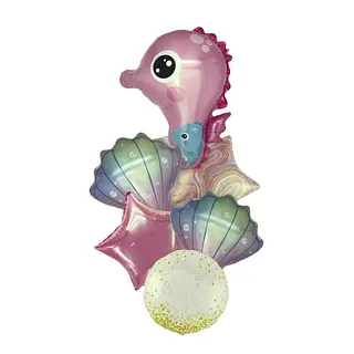 Bouquet De Globos Foil Acuatico Caballo De Mar Rosado