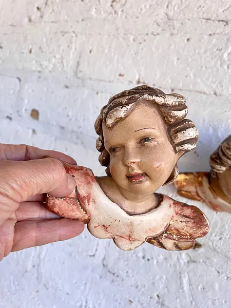 Pareja De Ángeles Tallados En Madera - Austria 1900