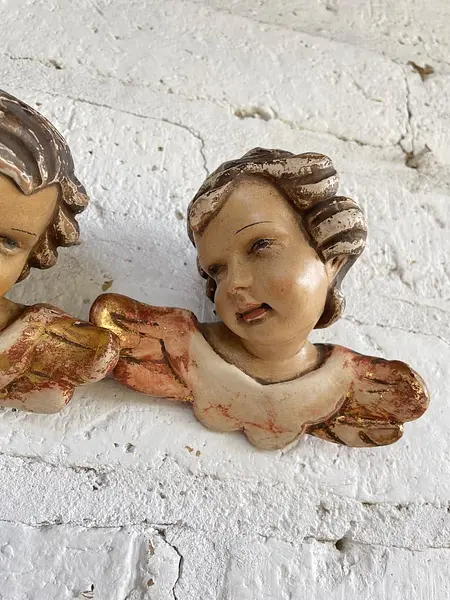 Pareja De Ángeles Tallados En Madera - Austria 1900