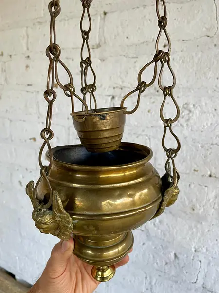 Lámpara De Iglesia En Bronce Con Ángeles - España 1900