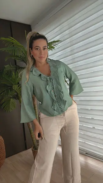 Blusa Elegante Verde Oliva Con Manga Larga Femenina