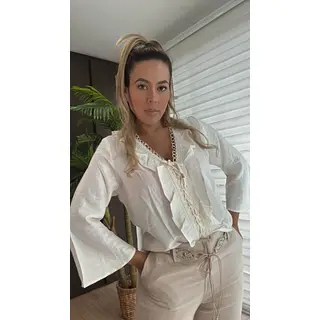 Blusa Elegante Marfil Con Manga Larga Femenina