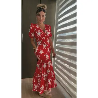 Vestido Largo De Seda Estampada Con Mangas – Elegancia Atemp