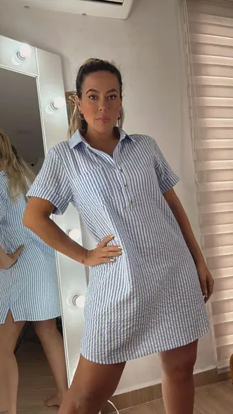 Vestido Corto Azul A Rayas Importado