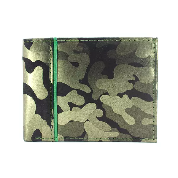 Billetera de Cuero Camuflada Brillante con Linea Verde