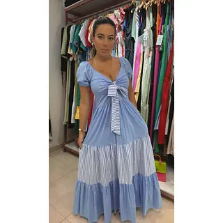 Vestido Largo Azul - Mangas Bombachas