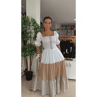 Vestido Campesino Largo Con Cuadros-Botones
