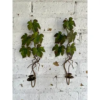 Pareja Candelabros De Pared Hojas De Parra - Italia 1970