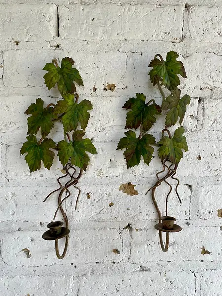 Pareja Candelabros De Pared Hojas De Parra - Italia 1970