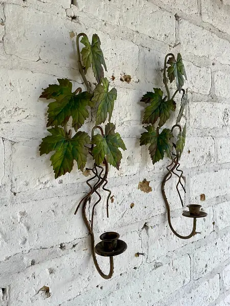 Pareja Candelabros De Pared Hojas De Parra - Italia 1970