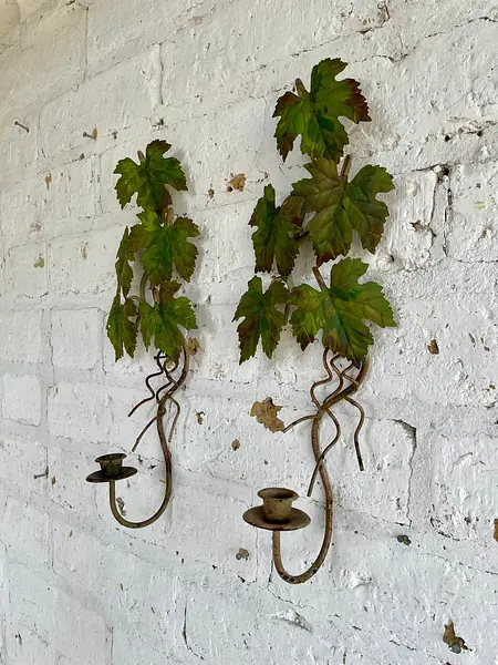 Pareja Candelabros De Pared Hojas De Parra - Italia 1970