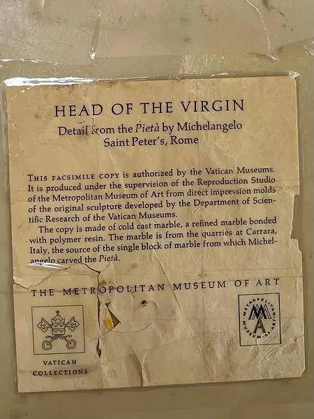 Cabeza Virgen María La Piedad - Mma Nueva York 1982