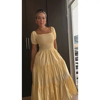Vestido Largo Amarillo Con Mangas Y Fruncido