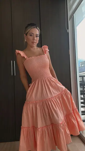 Vestido Largo Salmon Con Tiras Finas