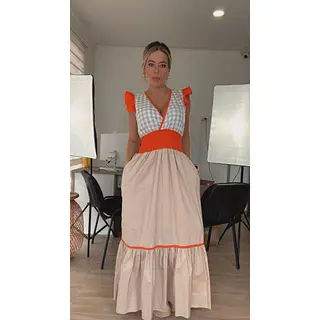 Vestido Largo En Popelina Estampado Con Cuello V