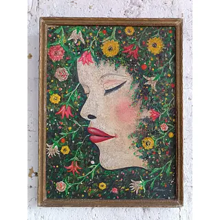 Oleo Original Sobre Madera Cabeza Flores