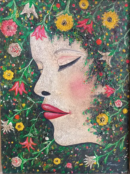 Oleo Original Sobre Madera Cabeza Flores