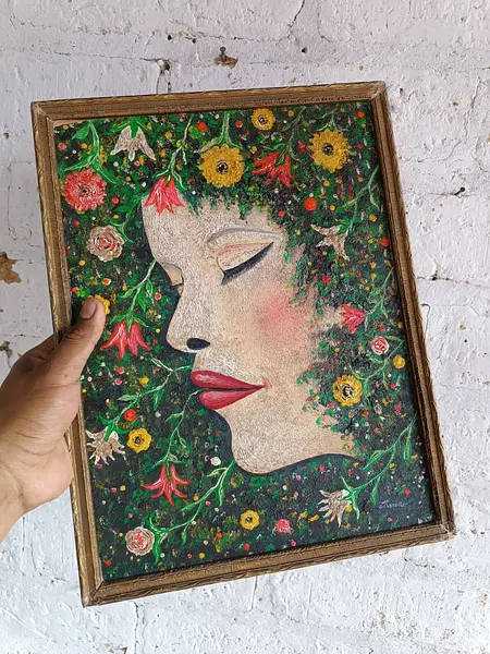 Oleo Original Sobre Madera Cabeza Flores