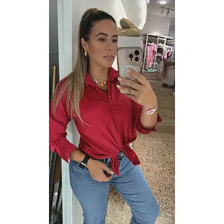 Camisa Roja Para Mujer Con Cuello Clásico, Mangas Fluidas