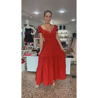 Vestido Rojo Elegante Con Mangas Globo Y Detalle Cruzado