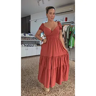 Vestido Terracota Elegante Con Mangas Globo Y Detalle Cruzad