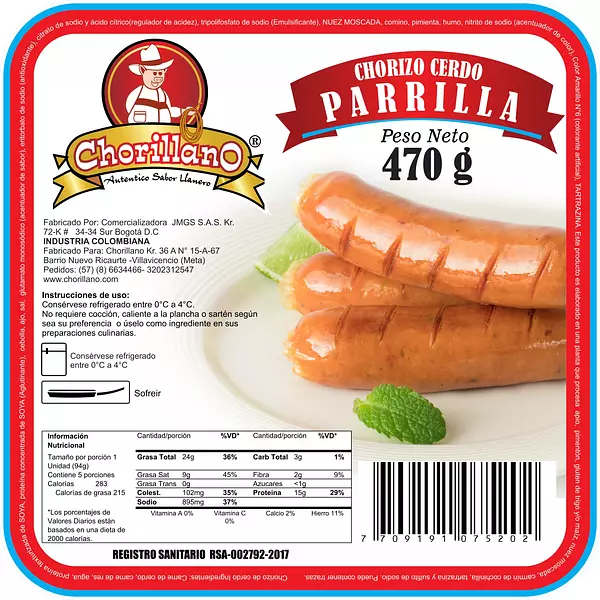 Chorizo De Cerdo Parrilla Chorillano 470g X 5 Und