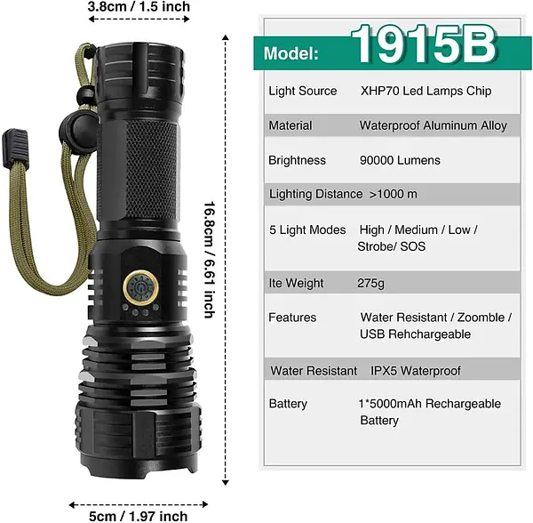 Linterna Alta Intensidad Recargable Implemeable 5000 Mah