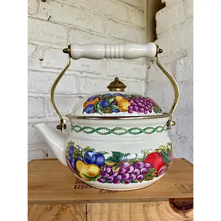 Tetera Esmaltada Manija De Porcelana Y Bronce - Taiwan 1970