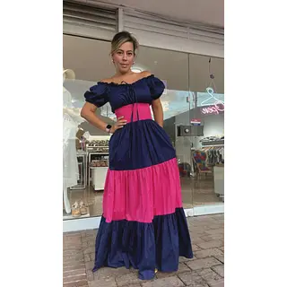 Vestido Largo Bicolor En Popelina