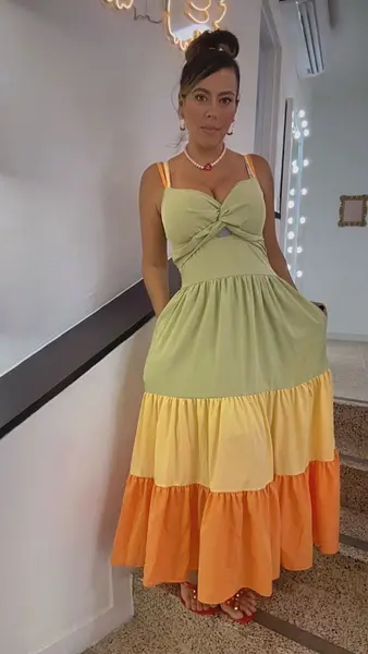 Vestido Largo Verde Naranja Con Escote Anudado Elegante Chic