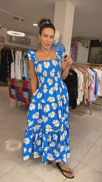 Vestido Largo Floral Azul En Tela Seda