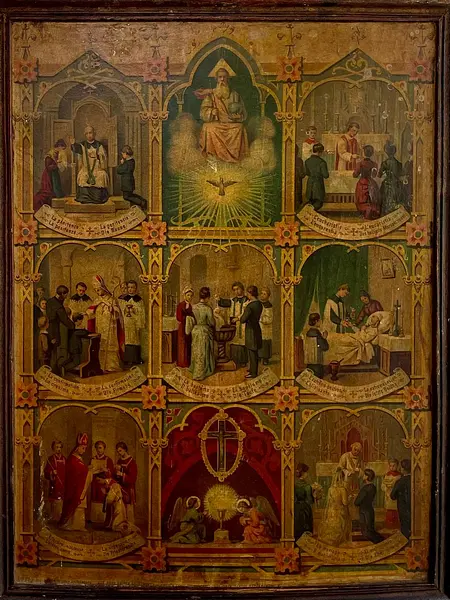 Los 7 Santos Sacramentos Cuadro Rústico - Colombia 1920